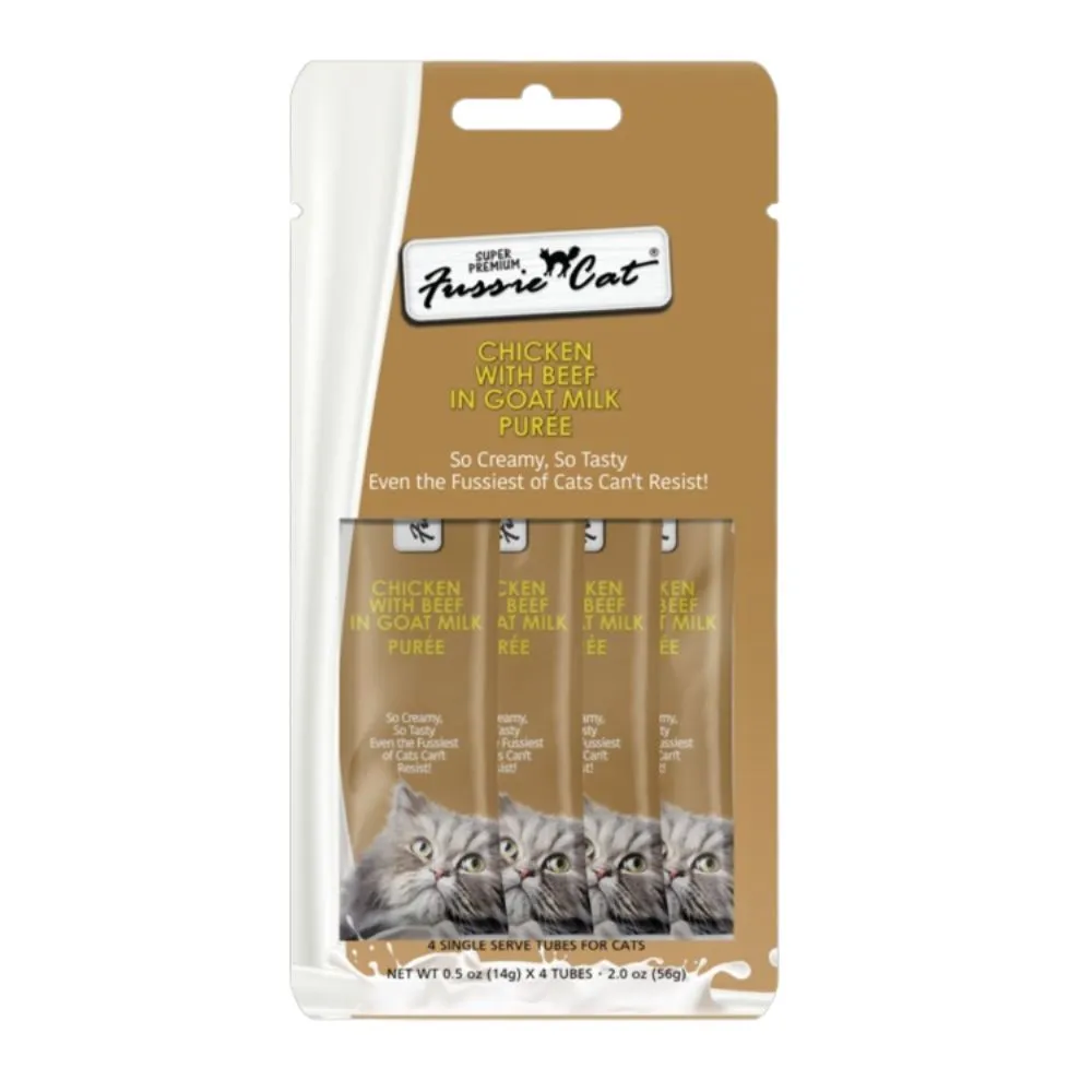 Fussie Cat Chicken Beef in Goat Milk Puree Cat Treats 4Pk