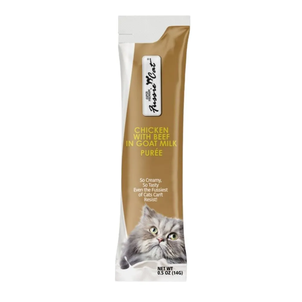 Fussie Cat Chicken Beef in Goat Milk Puree Cat Treats 4Pk